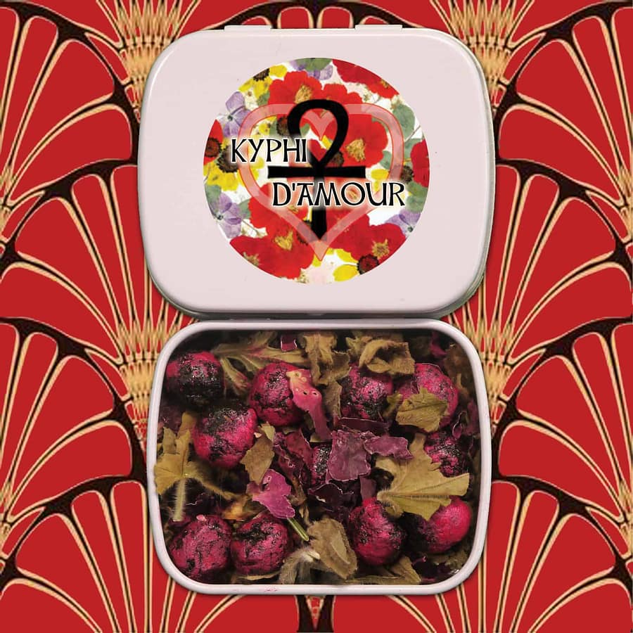 Kyphi d’Amour incense pearls in bowl with rose petals and botanicals product shot